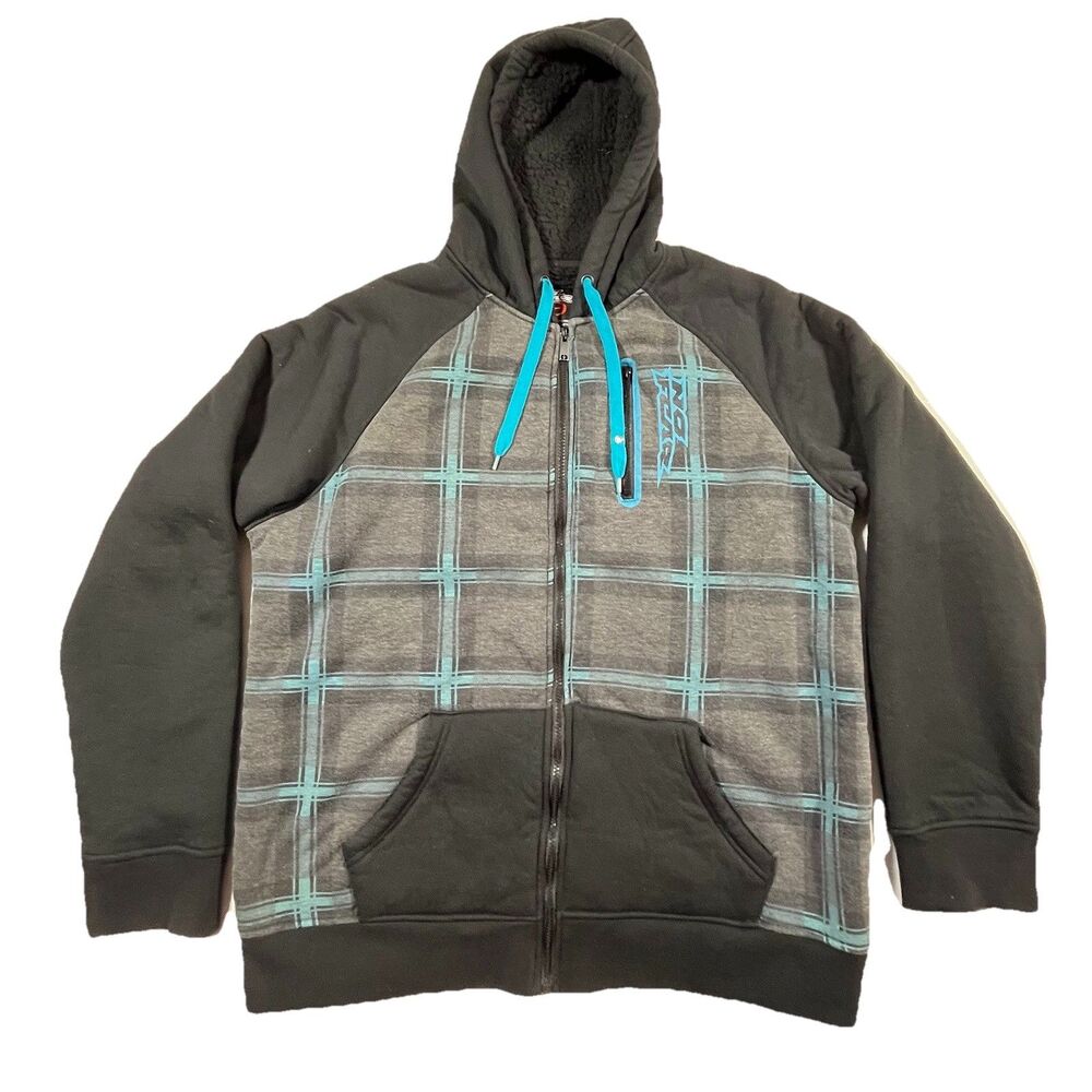 No Fear Sherpa Lined Full Zip Hoodie Jacket Men’s XXL Gray Blue Plaid Y2K